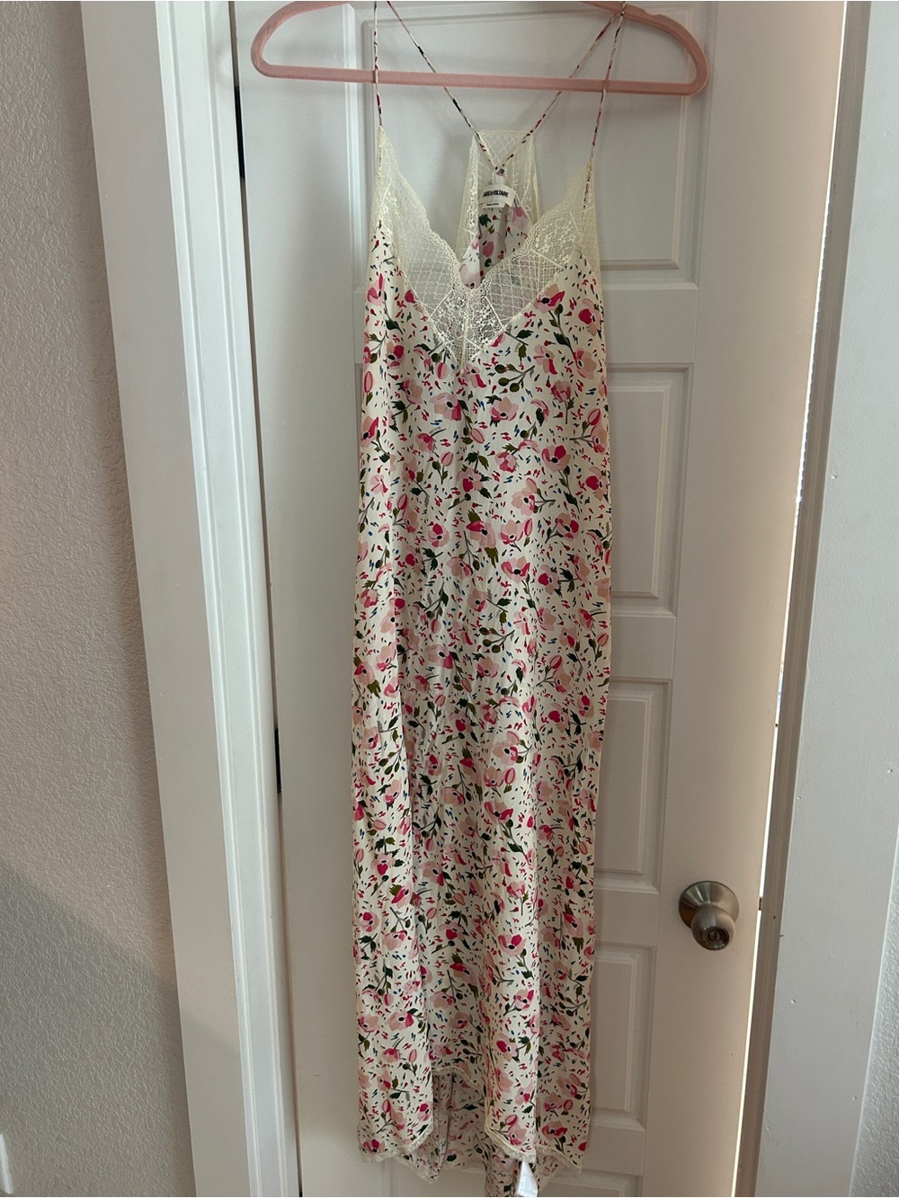 Zadig Voltaire Lace-Trim Floral Slip Dress in Cream and Pink